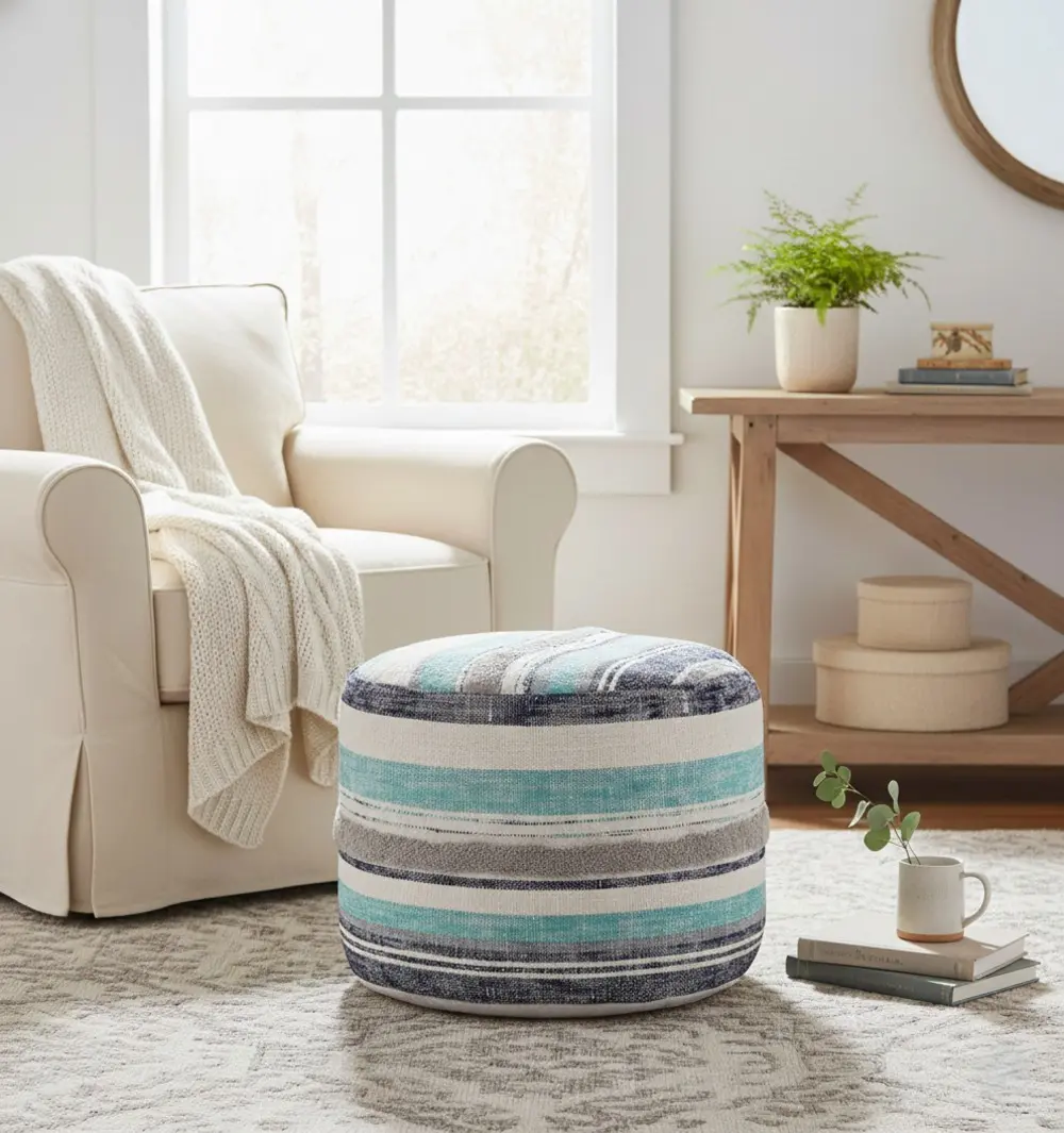 Jorlen Handmade Coastal Striped Round Indoor Medium Pouf Ottoman, Blue/Ivory