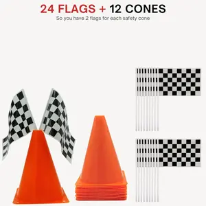 4E's Novelty 38 Pieces Set - 12 Traffic Cones With Hole on Top, 24 Checkered Flags, Racetrack Floor Runner - for For Race Car Birthday Party Supplies, Table Centerpiece Decorations Kids Gift