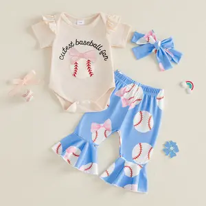 Meihuida Baby Girl Baseball Outfit Short Sleeve Cutest Baseball Fan Romper Flare Pants Headband Infant Summer Game Day Clothes