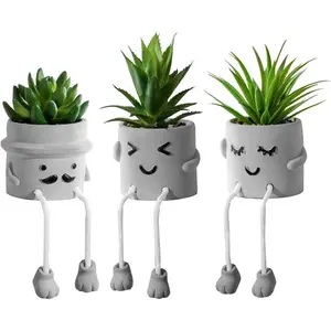 3pcs Creative Artificial Succulents with Gray Flower Pots, Mini Potted Succulents for Home Office Desk Decor and Gift Choice Decorative Faux