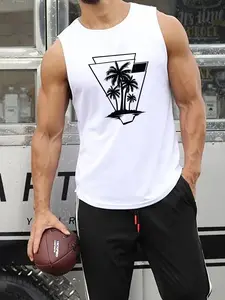 Geometric Palm Tree Island Sleeveless Tank Top, Graphic Tank Top, Minimalist Vacation Style Oversized Vest, Sleeveless Muscle T, Multi-Color Options, Ideal for Beach Holidays, Daily Sports, Summer Relaxation
