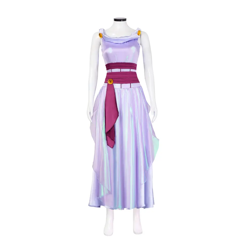 Megara Purple Satin Maxi Dress Cosplay Costume Set with Dark Purple Belt Accessories for Comic Con