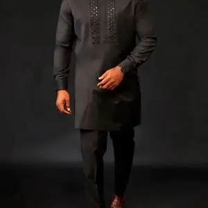 Men's African Kaftan Set, Long Sleeve Round Neck Blouse and Pants, Elegant Muslim Wedding Party Formal Wear, 2 Piece Suit for Men, Ethnic Pattern