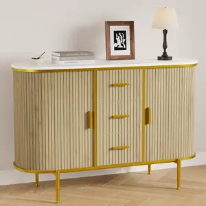 50" Modern Buffet Cabinet with Storage,  Fluted Console Cabinet with Metal Legs & 3 Drawers, Mid Century Modern Cabinets, Curved Profile Sliding Doors for Kitchen, Living Room, Entryway, Dining Room, Faux Marble Top