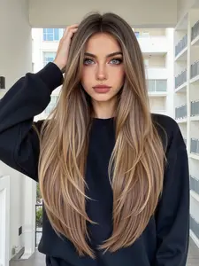 Light Root Dyed Wig, 26 Inch Layered Long Bangs, Heat Resistant Fashion Casual Wig for Daily Commute, Synthetic Material Wigs