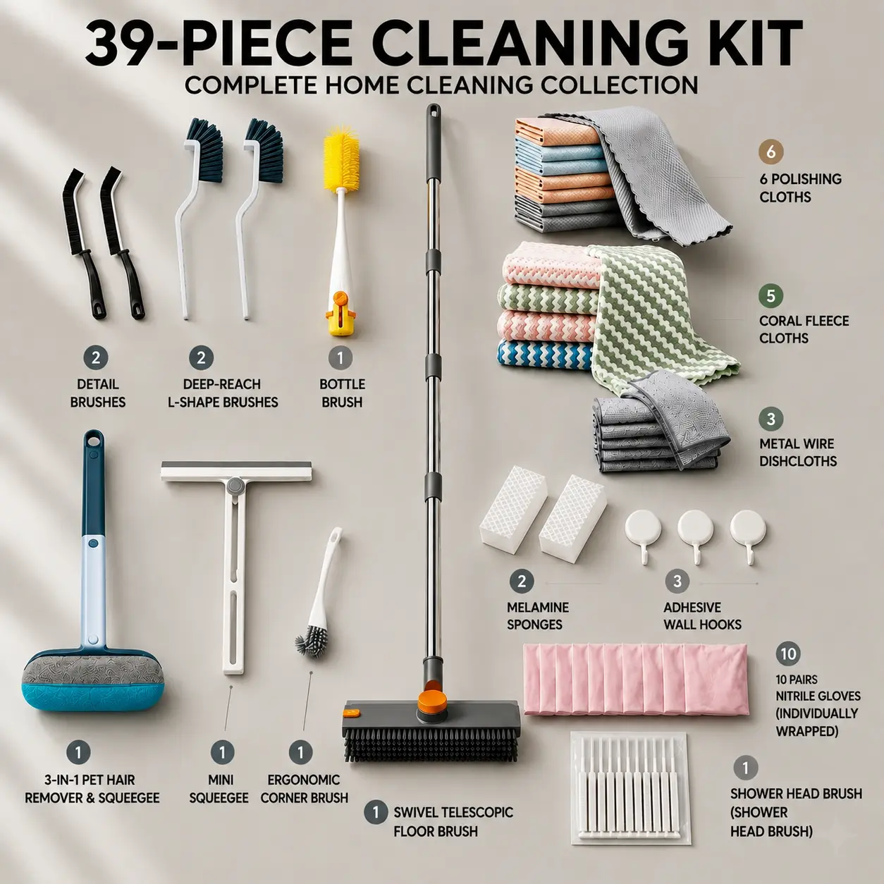 39-Piece Home Cleaning Kit - 9 Tools, 30 Reusable Cloths, Floor Brush, Pet Hair Remover, Grout Brushes, Squeegee for Apartment & Deep Cleaning