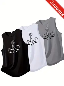 3-Pack Men's Funny Weight Lifting Stickman Print Tank Tops, Casual Sleeveless Gym Shirts, Breathable Athletic Workout Tops for Fitness