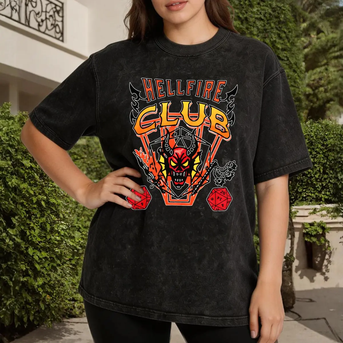 Hellfire Club Graphic Women's Vintage Washed T-Shirt Hellfire Club Devil Dice Print Oversized Graphic Tee Outdoor Casual Short Sleeve