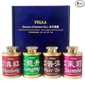 FIGAA Premium Concentrated Instant Tea Gift Set 4 Flavors Hot or Iced Tea Mix Powder Unsweetened No Additives 100% Natural Pure Leaf Extract Black Green Jasmine Pu-erh 200-400 Cups