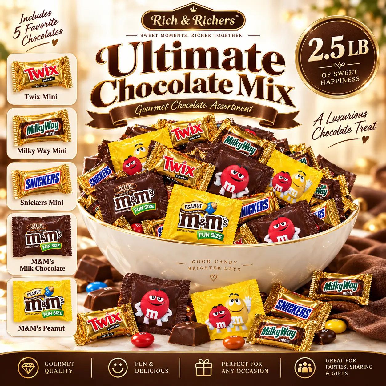 Bulk Chocolate Candy Assortment - M&M's Milk Chocolate, M&M's Peanut, Snickers, Twix, Milky Way Minis - 2.5LB Pouch | Halloween Trick or Treat Sweets, Party Favors