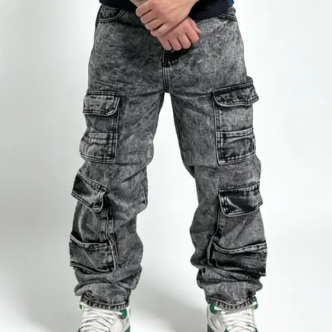 SRETOUU High Street Men's Multi-Pocket Baggy Cargo Jeans Fashion Men Casual Straight-Leg Long Pants Light Wash Extra Baggy Wide-Leg Denim - Fabric Graphic Streetwear Flare Black