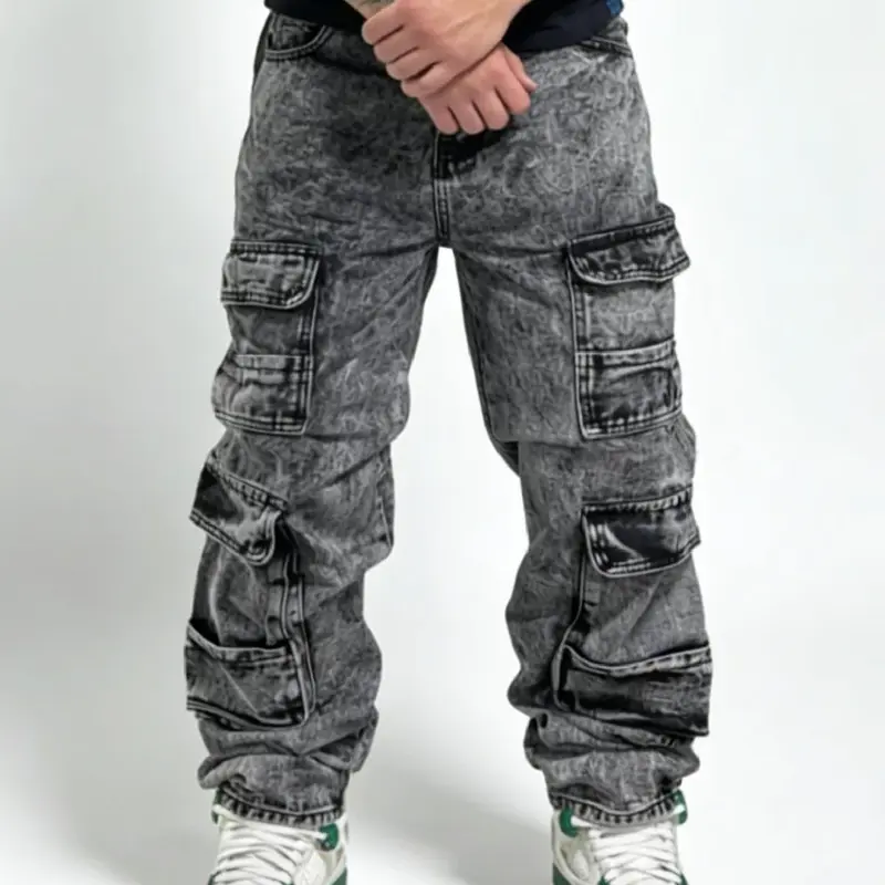 SRETOUU High Street Men's Multi-Pocket Baggy Cargo Jeans Fashion Men Casual Straight-Leg Long Pants Light Wash Extra Baggy Wide-Leg Denim - Fabric Graphic Streetwear Flare Black