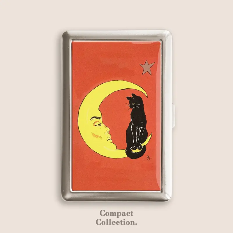 Press-Open Retro Dripping Epoxy Resin Stainless Steel Cigarette Case Box - 1917 Vintage Black Cat & Moon Pattern, 4" L x 2 2/3" W x 2/3" H, 100s Blunt Holder, Button-Operated Home Organizer, Business & ID Card Holder, Gift for Women
