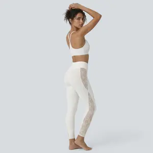 Halara Softlyzero High Waisted Crossover Contrast Lace Yoga 7/8 Leggings-UPF50+