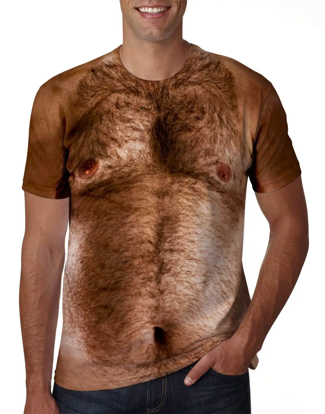 Unisex 3D Hyperrealistic Muscle Chest All-Over Print T-Shirt - Polyester Clothes, Medium Stretch, Machine Wash, Novelty Stag Do Fancy Dress Party Top, Short Sleeve Humour Tee