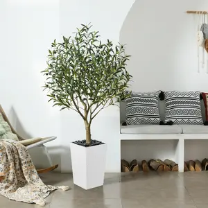 DR.Planzen 5/6/7/8ft UV Resistant Artificial Olive Tree in White Planter with Pebbles | Lifelike Faux Olive Tree for Indoor & Outdoor Home & Garden Decor
