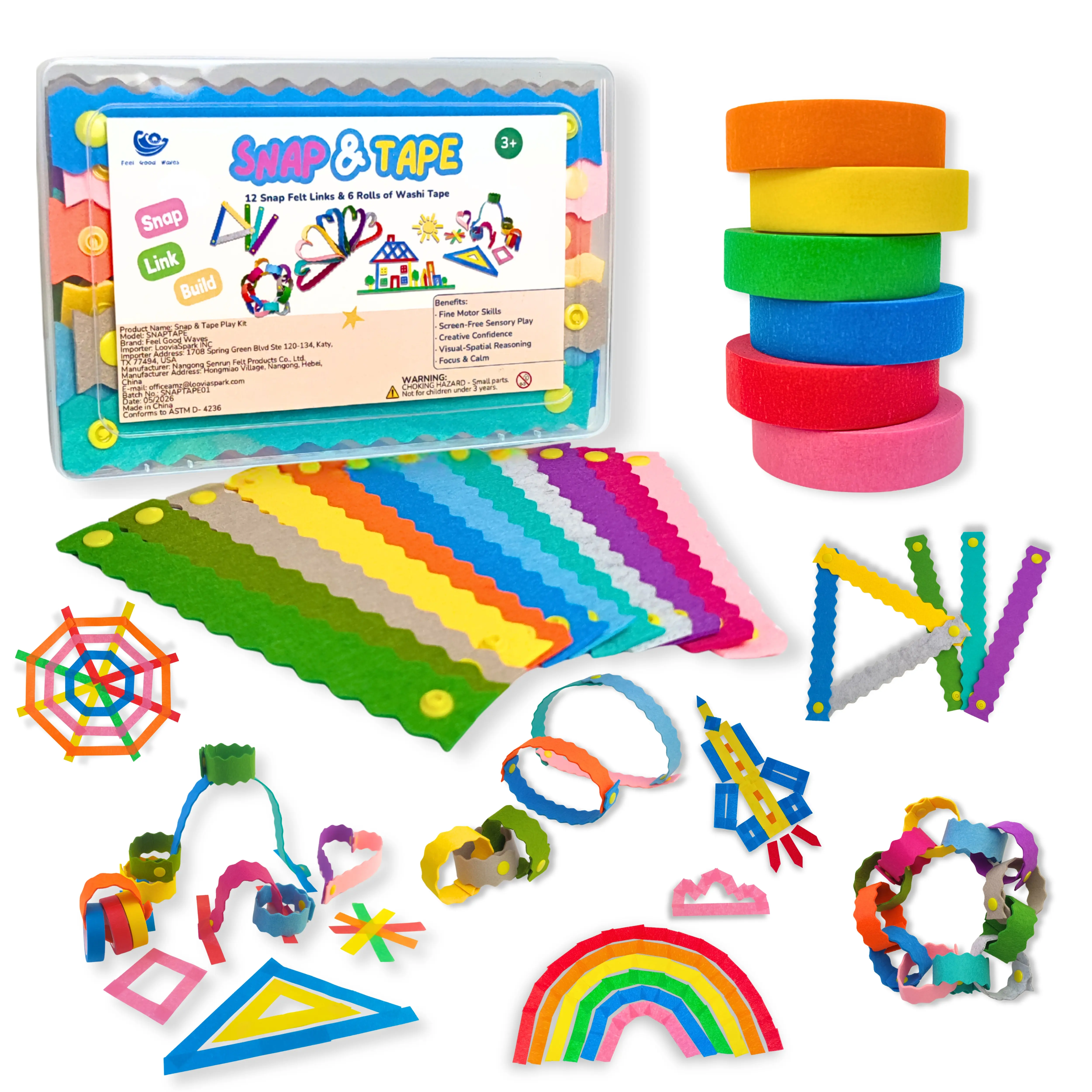 Feel Good Waves Snap Felt Links & Washi Tape Set | Fine Motor Skills | Kids Travel Essentials | Quiet Time Toys | Busy Bag | Gift for Kids