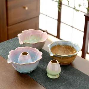 Ceramic Matcha Bowl with Lotus Flower Mouth, Blue Song Dynasty Tea Set, Girls' Teaware, Traditional Japanese Design, Matcha Kit Set, Matcha Whisk Set