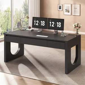SEDETA Modern Office Desk with 3 Drawers, 55" Executive Desk with U-Shaped Legs, Wood Computer Desk with Power Outlet, Home Office Desks with Relief Texture