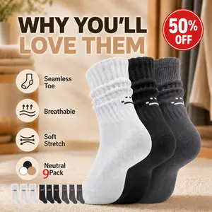 9 Pairs White+Black+Gray Mid Calf Socks for Women and Men Minimal Smile Embroidery Seamless Toe Soft Breathable Ribbed Knit Neutral 9 Pack Unisex Everyday Socks for Work Travel Lounge and Streetwear Easy Match Socks Aesthetic Daily Outfit Essential Staple
