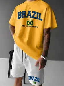 Men's Brazil Flag Pattern T-Shirt and Shorts Pajama Set, Pocket Design, Casual Style, All Seasons Wear, Fitted Fit