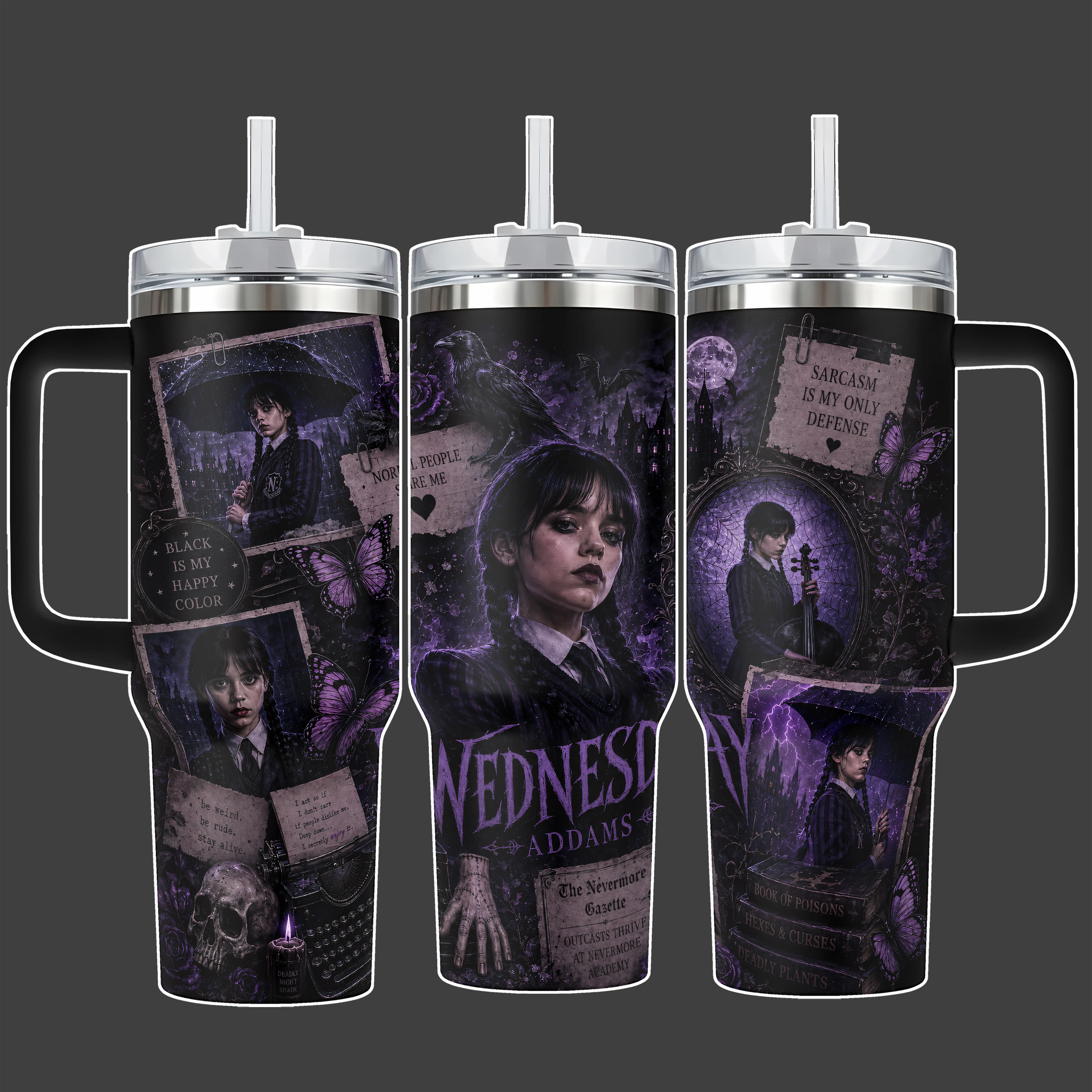 Wednesday Addams Purple Gothic Nevermore Tumbler Cup, Full Wrap Stainless Steel Insulated 20oz/40oz With Straw Lid Included, 40oz Handle Option