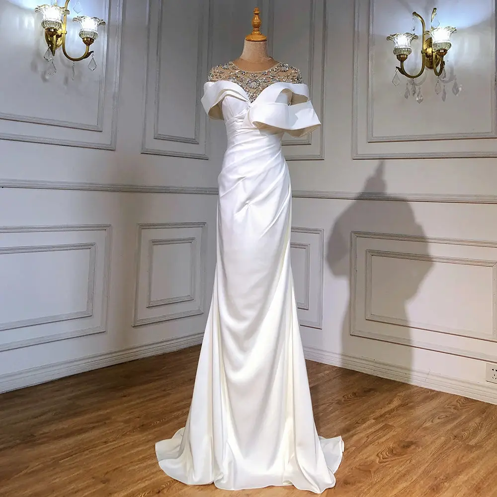 Ivory Elegance: White Satin Beaded Mermaid Gown – 2025 Luxury Evening Wear for Women