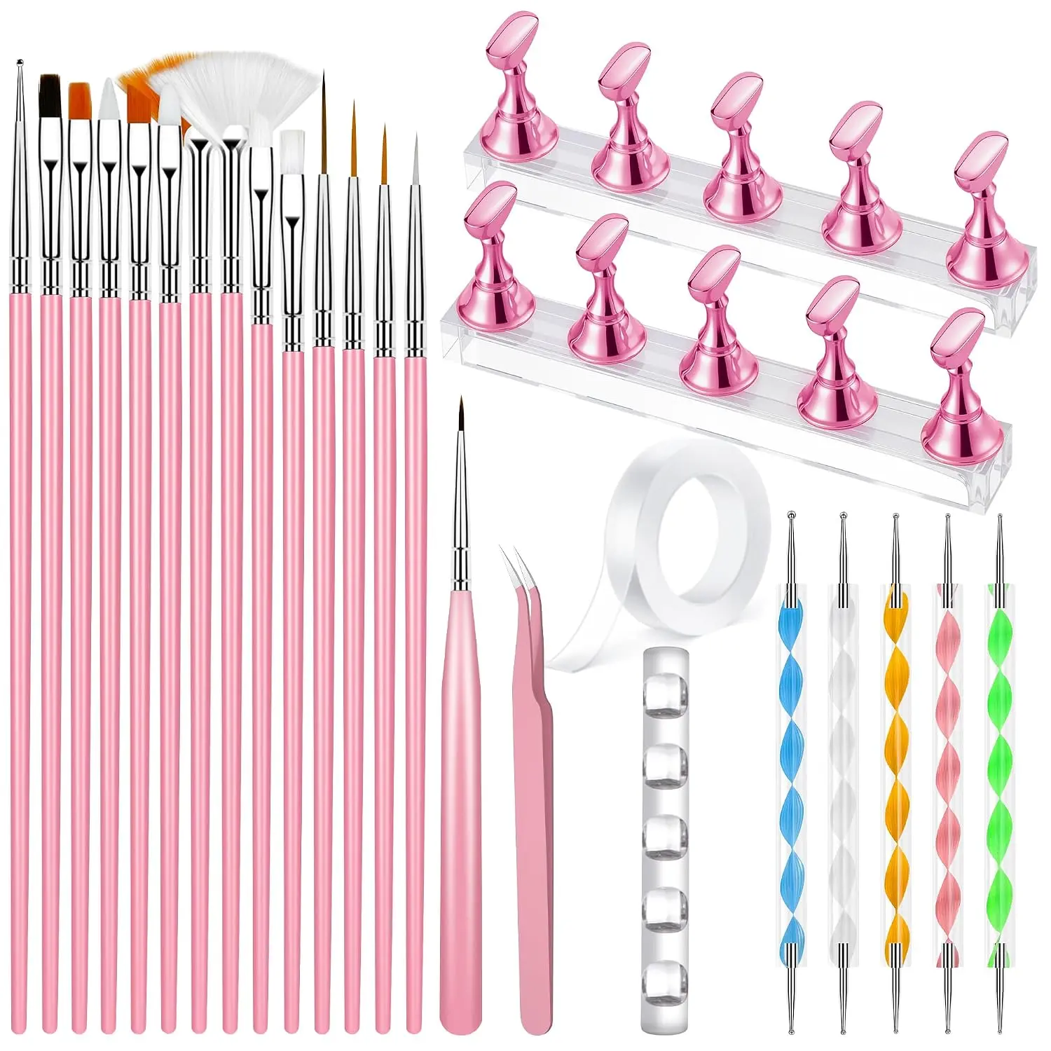 Nail Art Tools Set, 15 PCS Nail Art Brushes, Nail Stand for Press Ons, 5PCS Nail Dotting Tool and Brush Rack with Double Sided Tape Tweezers for Home Salon DIY Beginner Supplies