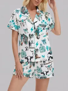 Women's Western Cowboy Style Sleepwear Set, Horse Cactus Bow Lightning Print, Fitted Short Sleeve Top & Loose Shorts, All Seasons