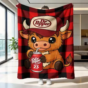 Cartoon Bull Flannel Plaid Pattern Printed Blanket, Soft Skin-Friendly Warm Throw Blanket, Trendy Cartoon Decorative Cover, Stylish Blanket, Multi-Use Home Blanket, Blanket Gift