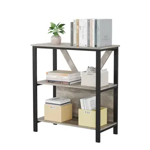 Garvee bookshelf with 3 tiers, with LED lights, bookshelf with open display shelves, wood and metal, standing bookshelf with storage shelf for living room, bedroom,