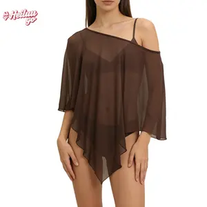 Cover Ups Women Sheer Tops, Solid Irregular Cover-up Loose Summer Clubwear For Street Party Transparent Polyester Blend