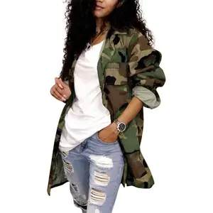 Sexy Camouflage Jacket for Women Army Fatigue Long Cargo Jackets Trench Coat Plus Size