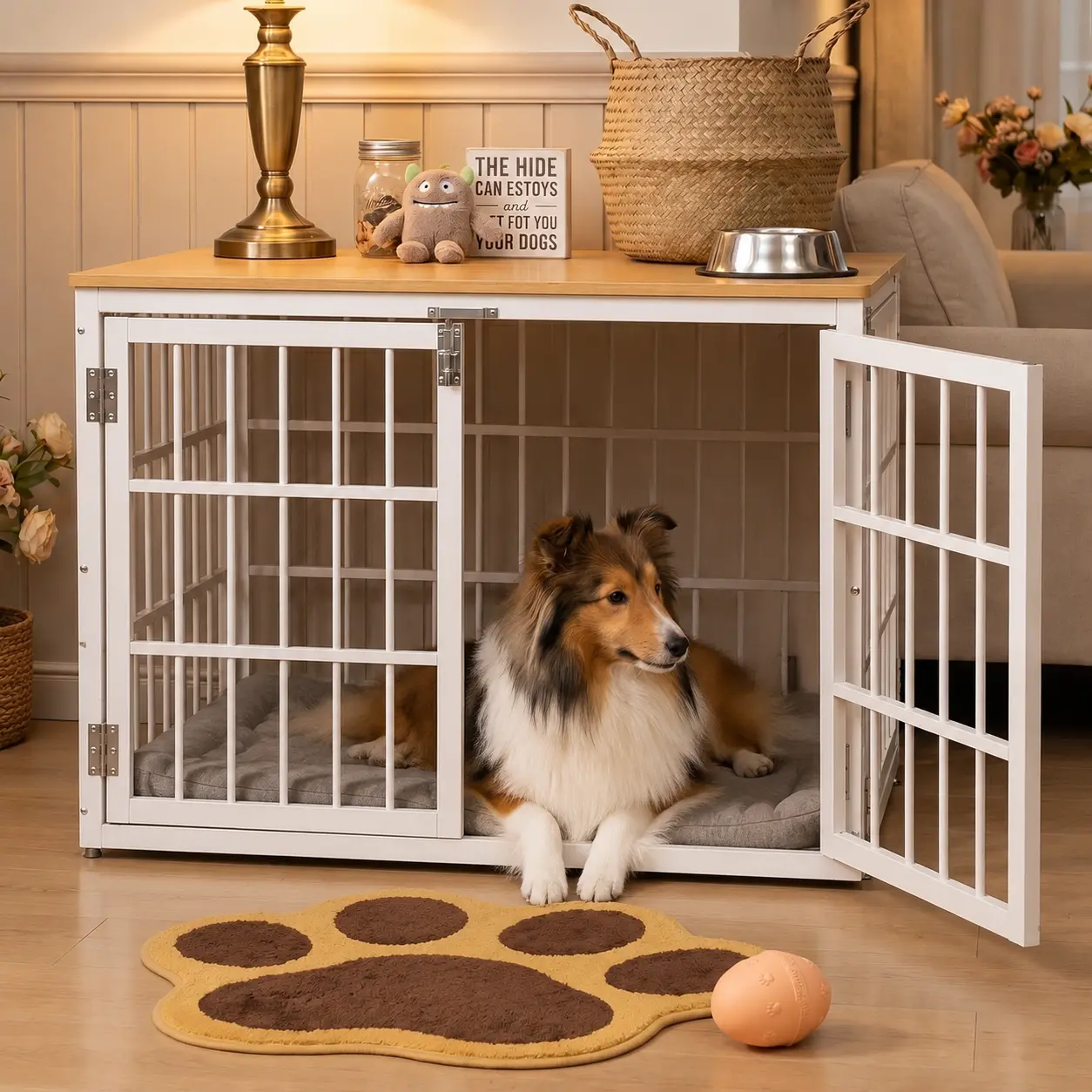Sweetcrispy 42-Inch Heavy-Duty Dog Crate Furniture, 2-Door Indoor Crate for Large-Medium Dogs with Lockable Latches & Easy-Clean Design