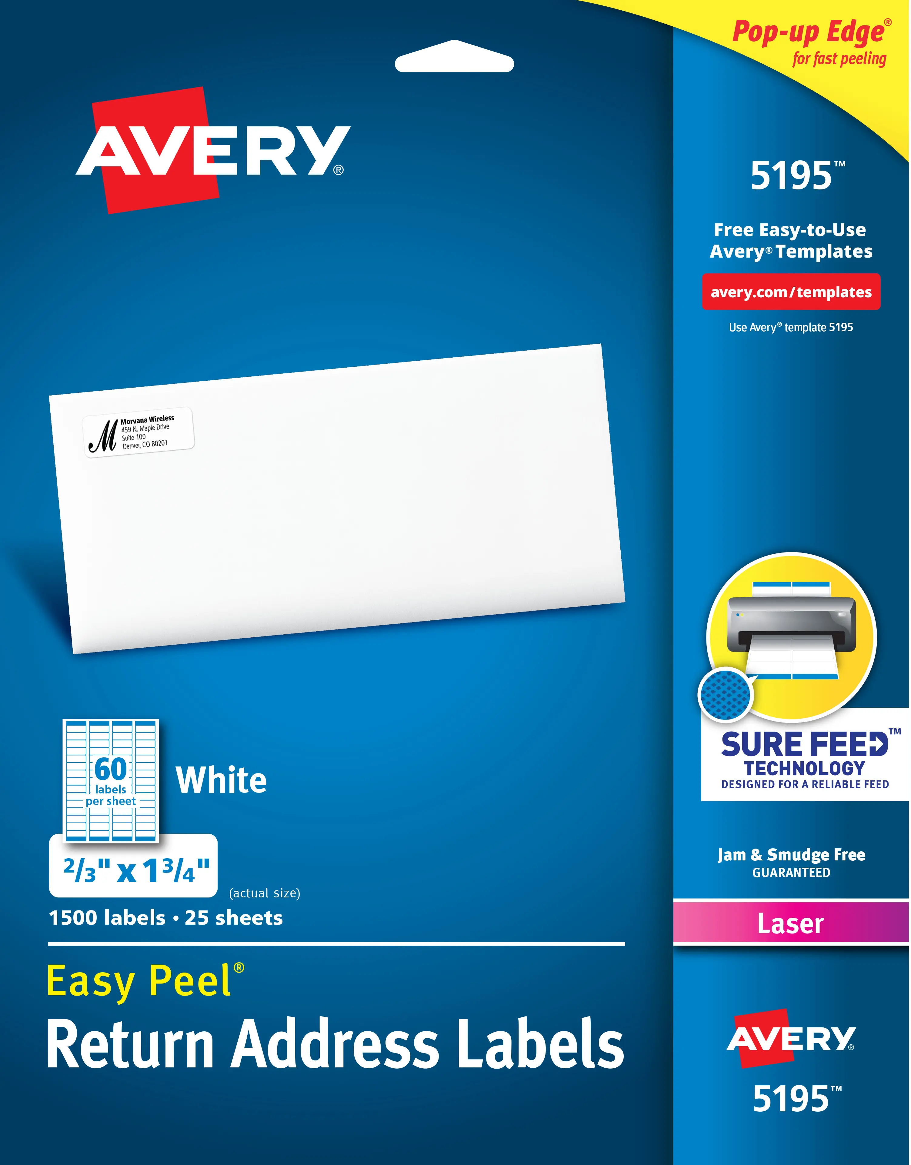 Avery Printable Return Address Labels with Sure Feed, 2/3" x 1-3/4", White, 1,500 Blank Mailing Labels (05195)
