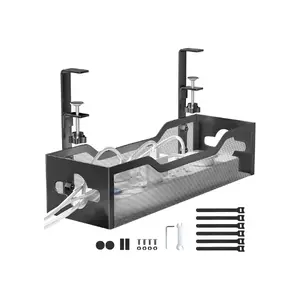 Under Desk Cable Management Tray No Drill, Metal Mesh Cable Management Under Desk with Clamp Mount, 2 Hole Cable Tray with Wire Management and Cord Organizer for Home Office Standing Desk