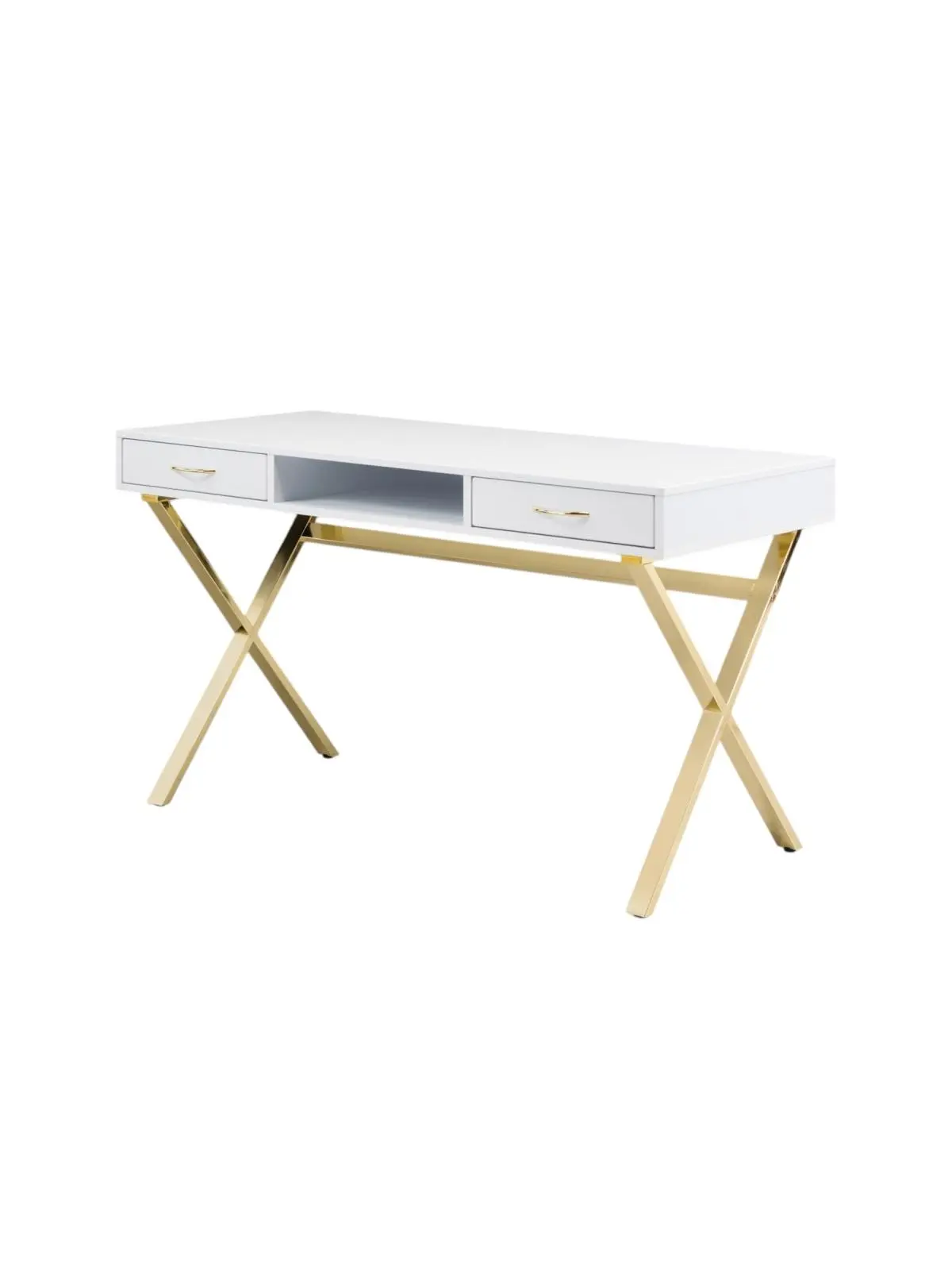 212 MAIN 47 in. White & Gold Composite Wood & Metal Rectangular Modern Luxury Computer Desk - Sturdy Multi Drawer Office Workstation with Metal Trestle X-Shaped Legs, 2 Drawers, Contemporary Medium-Size Furniture, Composite Wood Desks, Drawers Desks