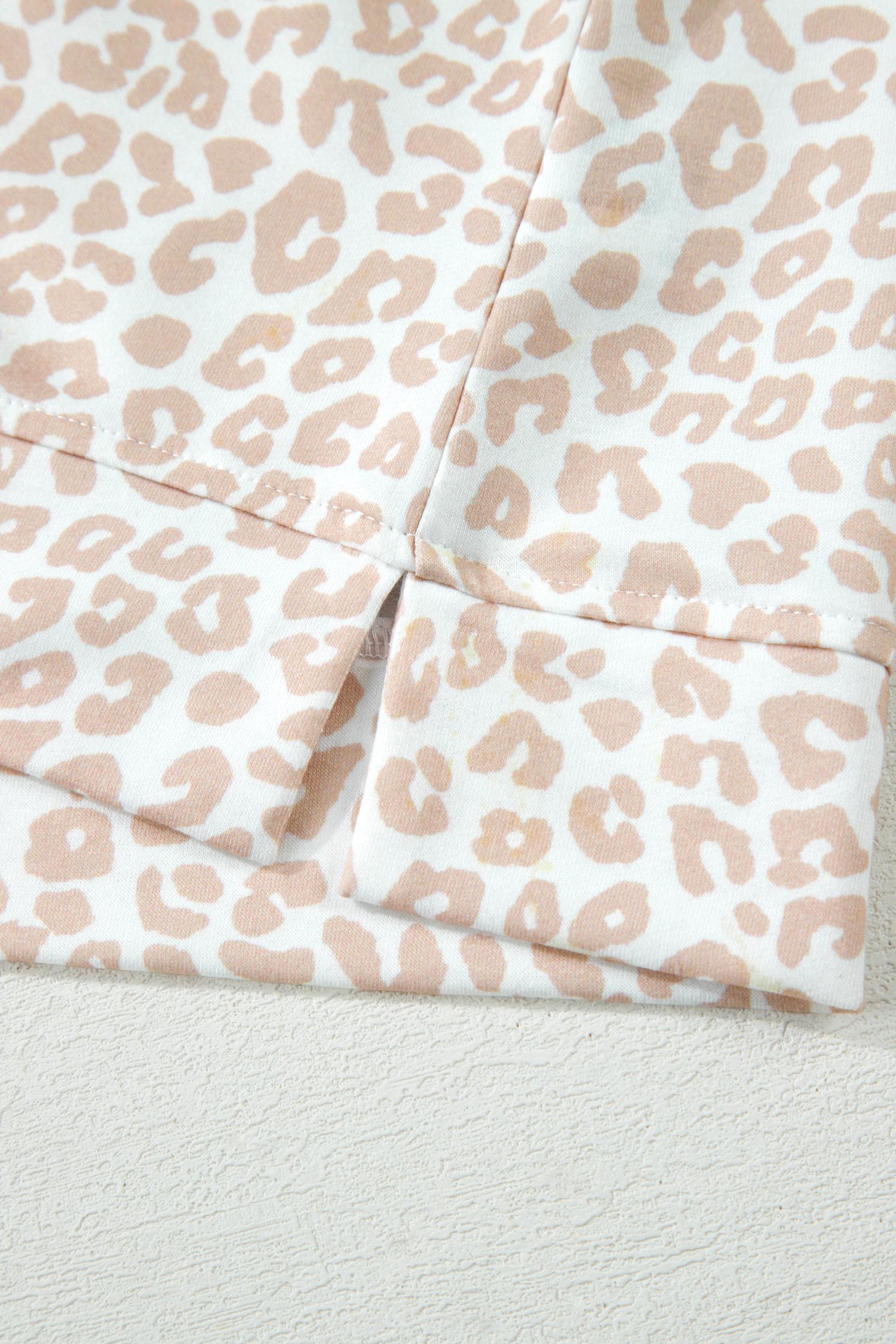 Women's Beige Leopard Zip Polo Top 2pcs Short Set, Casual Everyday Flowy Loungewear Sets for Women, Cute Preppy Ruffle Sleeve Two Piece Outfits, Chic Boho Summer Matching Suits, Athletic Aesthetic Pajamas Apparel