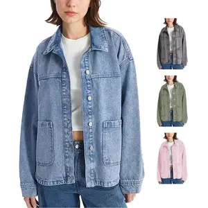 Women’s denim jacket, long-sleeved jacket, fashionable clothing, fashionable buttoned denim shirt jacket with pockets