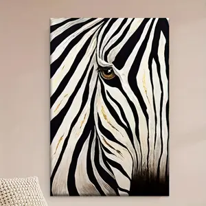 1 Piece Black and White Zebra Wall Art - Hand-Painted Style Abstract Animal Stripe Painting, Eye-Catching Zebra and Facial Canvas Poster, Suitable for Living Room, Office, Cafe Decoration - Wooden Frame African Wildlife Painting Gift (Birthday, Valentine'