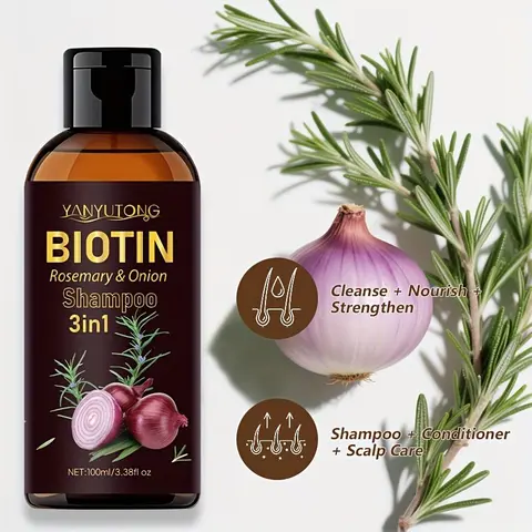 3-In-1 Onion Biotin Rosemary Shampoo (100ML), Anti Dandruff Cleanser, Deep Clean Damaged Hair, Remove Loose Dandruff, Strengthen Roots, Repair Split Ends, Unisex, Fortifying Shampoo, Clarifying Shampoos, Anti Dandruff Haircare, Strengthening Shampoo