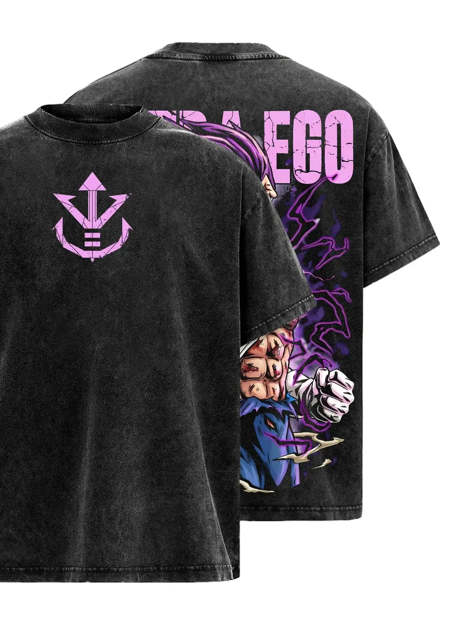 Men's Cotton Anime Style Saiyan Prince Purple Aura T-Shirt - Royal Warrior Manga Graphic Short-Sleeve Tee, DB Super Anime Manga Theme Top, All Seasons Vintage Washed Shirt, Anime Manga Style Men's Short-Sleeve T-Shirts