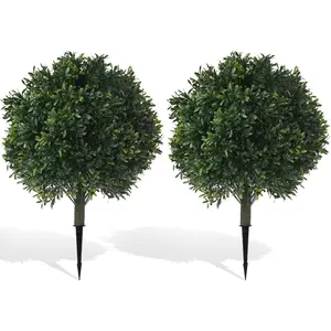 24" Artificial Boxwood Topiary Ball, w/Ground Spike, Pair(2) UV Resistant Fake Shrubs Bushes Plants for Artificial, Fake for Front Porch,,Yard