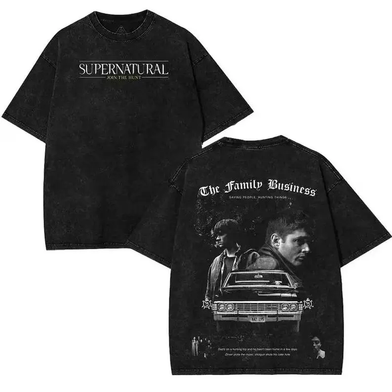 Black Washed Supernatural Winchester Brothers Impala The Family Business Vintage Grunge Dark Paranormal Graphic T Shirt Oversized Cotton Crewneck Tee Streetwear Top for Alt Gothic Streetwear Fans and Casual Daily Outings, Short Sleeve Tops, Printed Artwor