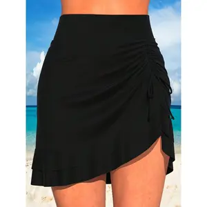 AguaCube Women's Stretchy Nylon-Elastane Swim Skirt - Solid Color, High Waist, Ruched Design With Side Tie Detail, Machine Washable