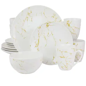 Elama EL-FINEMARBLE-G Fine Marble Stoneware Dinnerware Set, Gold & White - 16 Piece