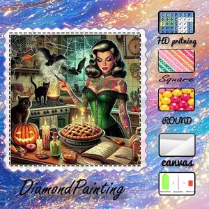 DIY 5D Flocked Diamond Painting Kit, AB Drill, Fairy Dust Drill, Crystal Drill - Witch, Cat, Pumpkin, Halloween Diamond Embroidery, Special Craft Diamond Art Kit, Wall Decor, Gift for Family, Loved Ones, Friends