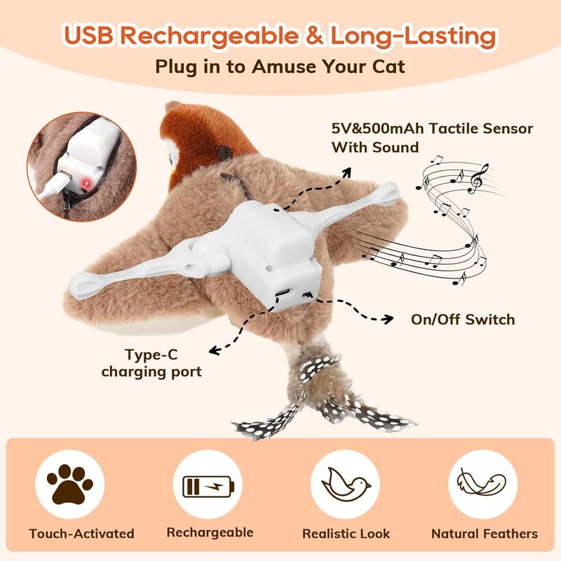 Cat Toys USB Rechargeable Flapping Bird Cat Toy with Chirping Sounds Interactive Play for Cats & Small Dogs Touch Activated Simulates Real Bird Chirps and Wing Flapping Motion