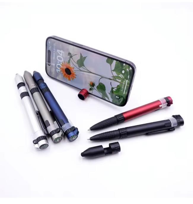 6 Essential Tools in 1 Pen,Multi Function Pen Compass Ballpoint Pen Flashlight Pen Mobile Phone Holder Compact Screwdriver Pen Travel, Retractable Pocket Tool Suitable for On-the-Go Repairs, DIY & Outdoor Emergencies - Compact & Portable(Black&Silver)