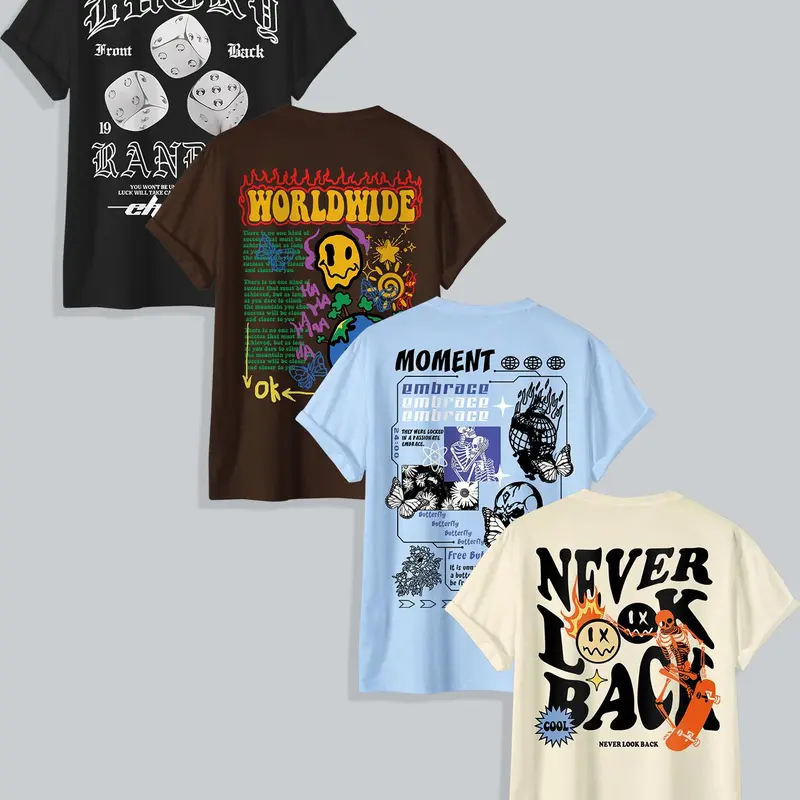 Men's Cartoon Graphic Print Casual Letter Print Round Neck Tee, Back To School Regular Fit Casual Streetwear Looks Short Sleeve T-shirt for Summer, Casual Summer Clothing, Graphic Tees, Men's Top for Daily Wear, Casual Letters Print